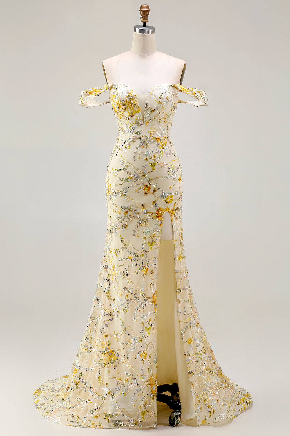 Floral Yellow Off the Shoulder Mermaid Long Prom Dress with Embroidery