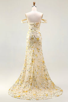 Floral Yellow Off the Shoulder Mermaid Long Prom Dress with Embroidery