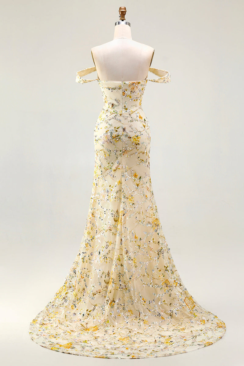 Load image into Gallery viewer, Floral Yellow Off the Shoulder Mermaid Long Prom Dress with Embroidery