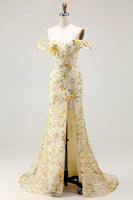 Load image into Gallery viewer, Floral Yellow Off the Shoulder Mermaid Long Prom Dress with Embroidery