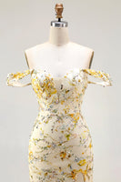 Load image into Gallery viewer, Floral Yellow Off the Shoulder Mermaid Long Prom Dress with Embroidery