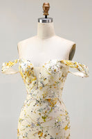 Load image into Gallery viewer, Floral Yellow Off the Shoulder Mermaid Long Prom Dress with Embroidery