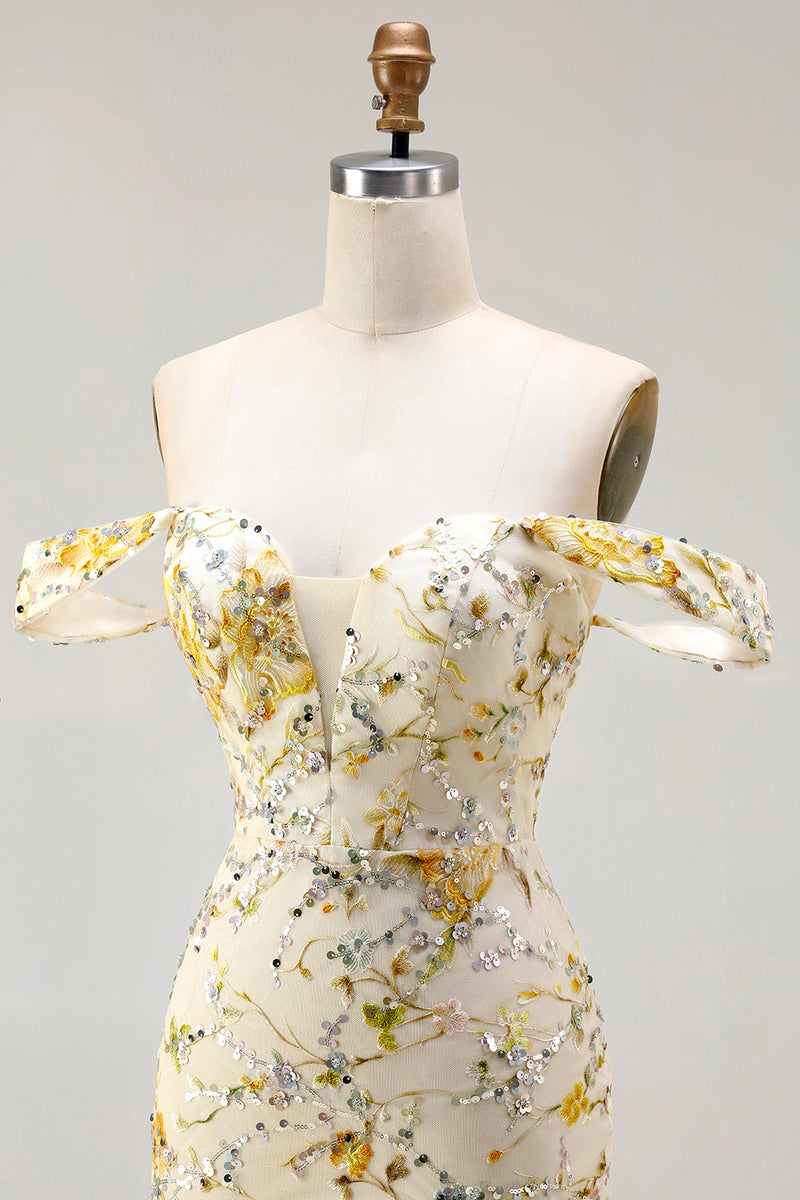 Load image into Gallery viewer, Floral Yellow Off the Shoulder Mermaid Long Prom Dress with Embroidery