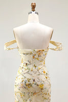 Load image into Gallery viewer, Floral Yellow Off the Shoulder Mermaid Long Prom Dress with Embroidery