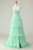 Load image into Gallery viewer, Green Ruffled Strapless Corset Long Prom Dress with Bow