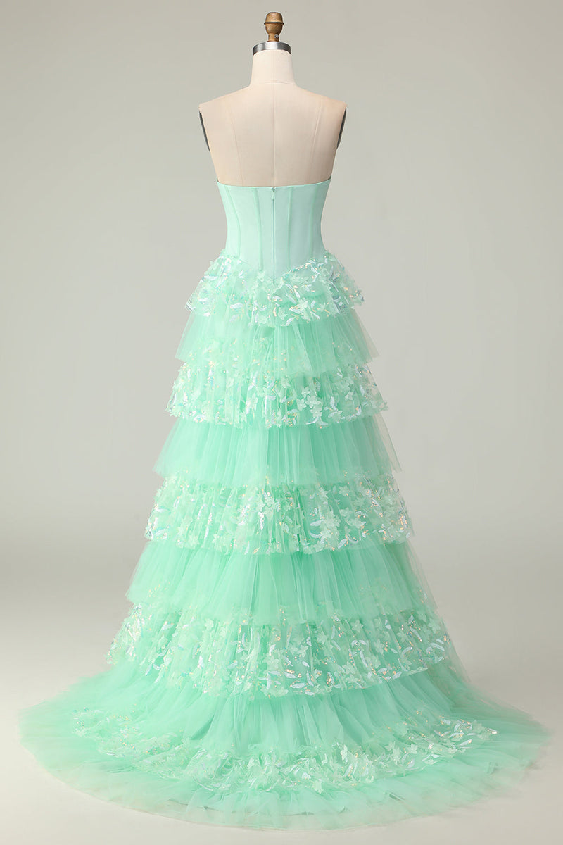 Load image into Gallery viewer, Green Ruffled Strapless Corset Long Prom Dress with Bow