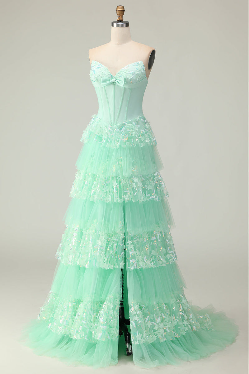 Load image into Gallery viewer, Green Ruffled Strapless Corset Long Prom Dress with Bow
