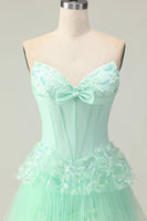 Load image into Gallery viewer, Green Ruffled Strapless Corset Long Prom Dress with Bow
