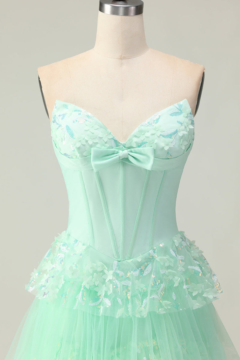 Load image into Gallery viewer, Green Ruffled Strapless Corset Long Prom Dress with Bow