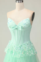 Load image into Gallery viewer, Green Ruffled Strapless Corset Long Prom Dress with Bow