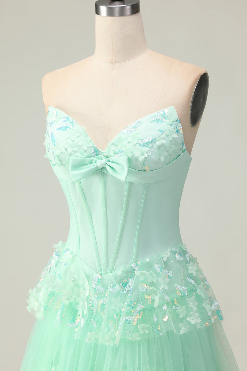 Load image into Gallery viewer, Green Ruffled Strapless Corset Long Prom Dress with Bow