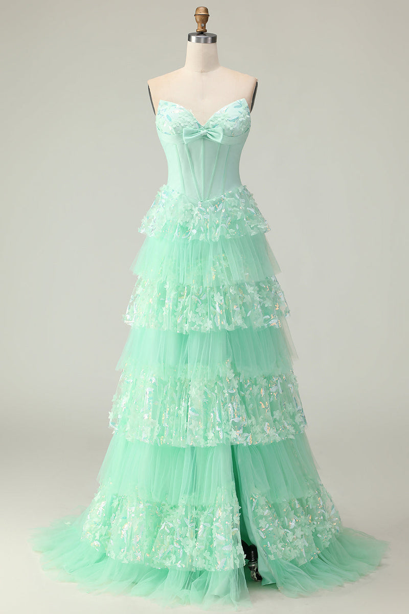 Load image into Gallery viewer, Green Ruffled Strapless Corset Long Prom Dress with Bow