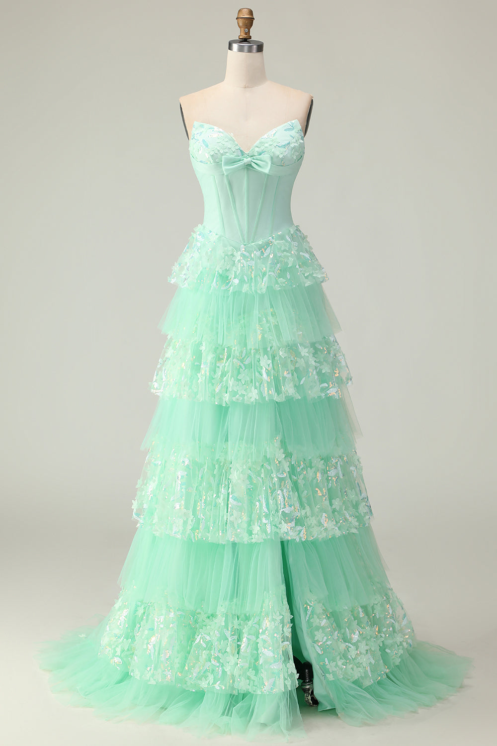 Green Ruffled Strapless Corset Long Prom Dress with Bow