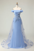 Load image into Gallery viewer, Grey Blue Mermaid Off the Shoulder Long Prom Dress