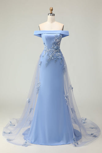 Grey Blue Mermaid Off the Shoulder Long Prom Dress
