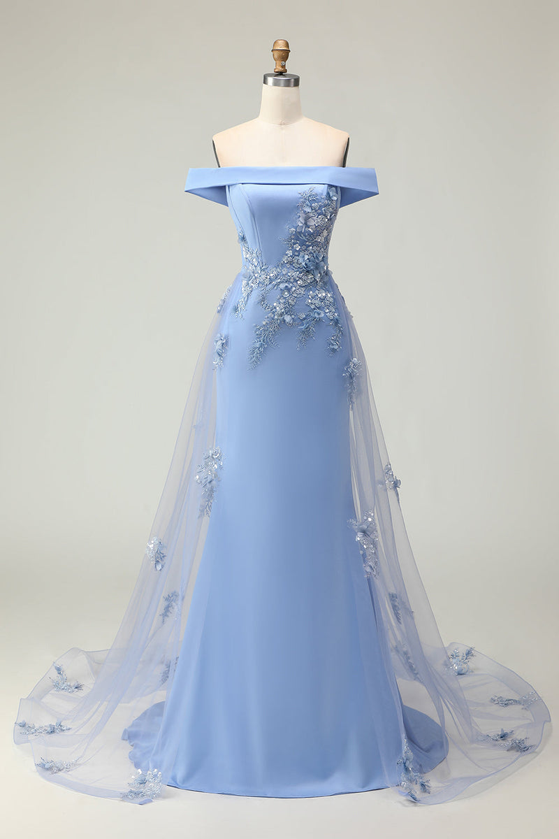 Load image into Gallery viewer, Grey Blue Mermaid Off the Shoulder Long Prom Dress