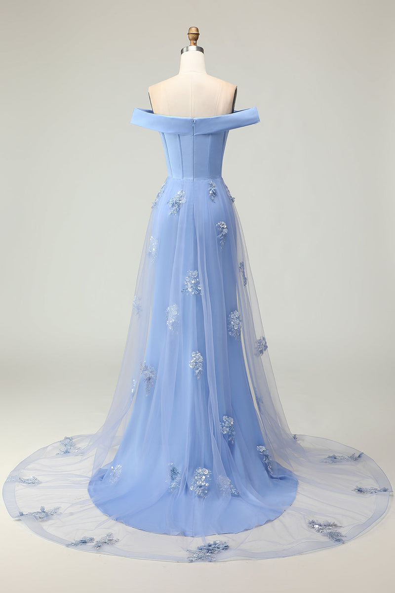 Load image into Gallery viewer, Grey Blue Mermaid Off the Shoulder Long Prom Dress