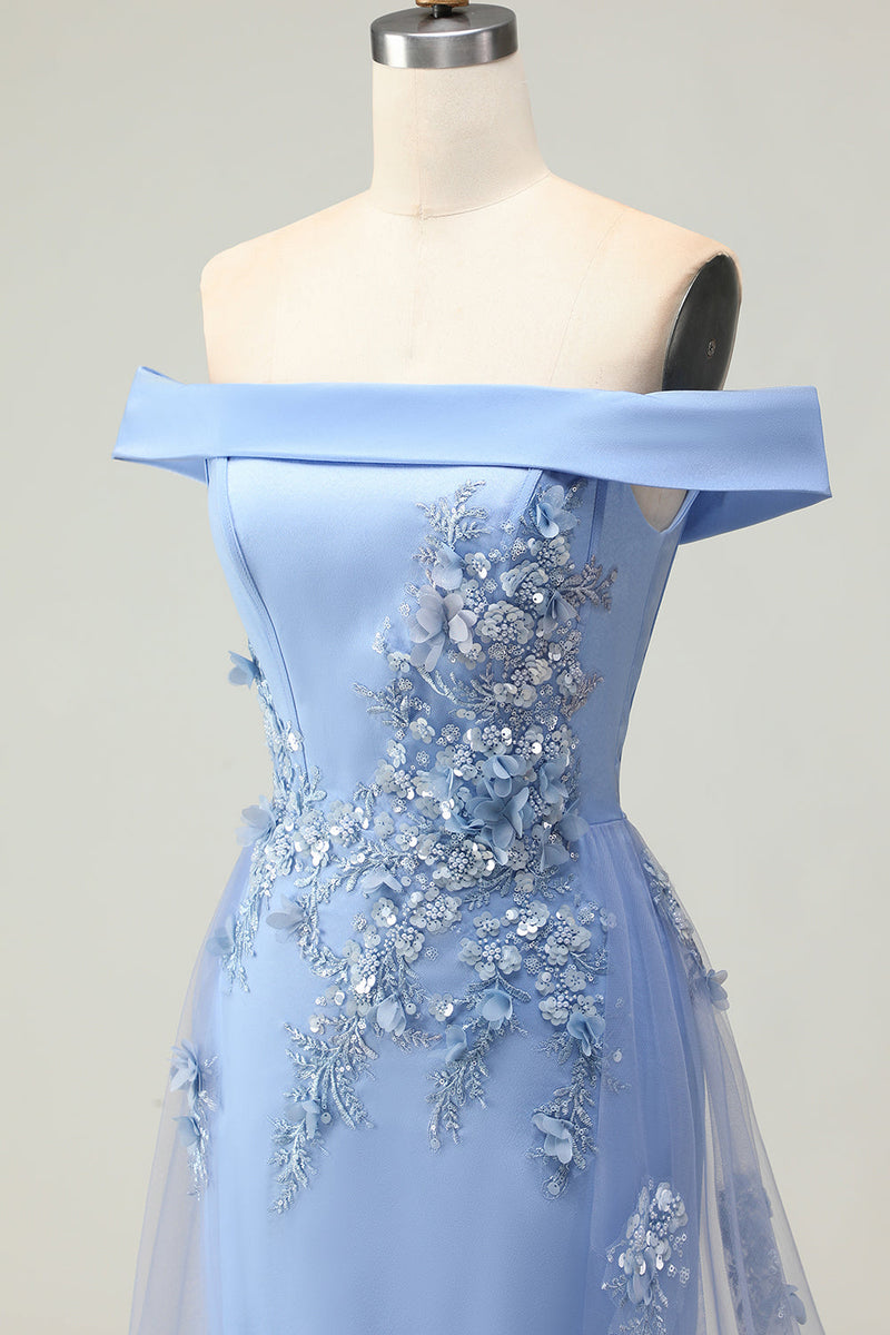 Load image into Gallery viewer, Grey Blue Mermaid Off the Shoulder Long Prom Dress