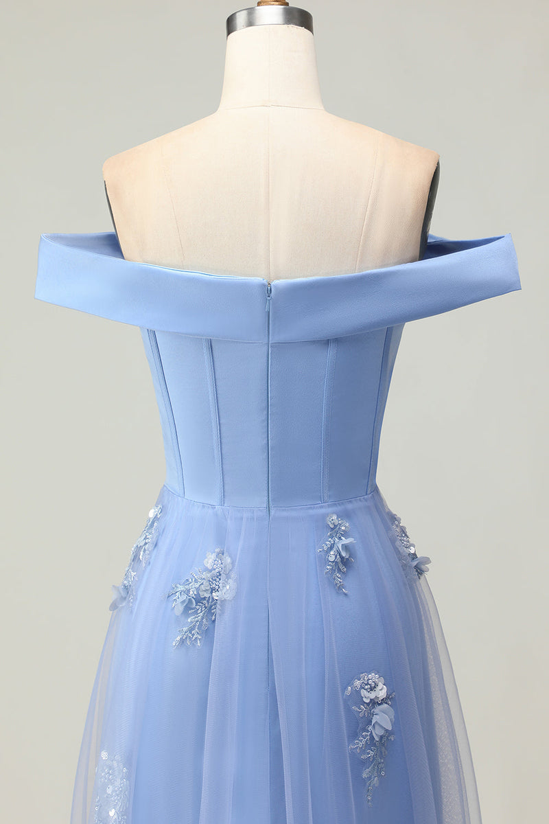 Load image into Gallery viewer, Grey Blue Mermaid Off the Shoulder Long Prom Dress