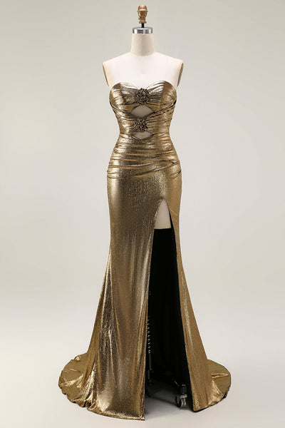 Sparkly Dark Golden Mermaid Strapless Long Prom Dress with Keyhole
