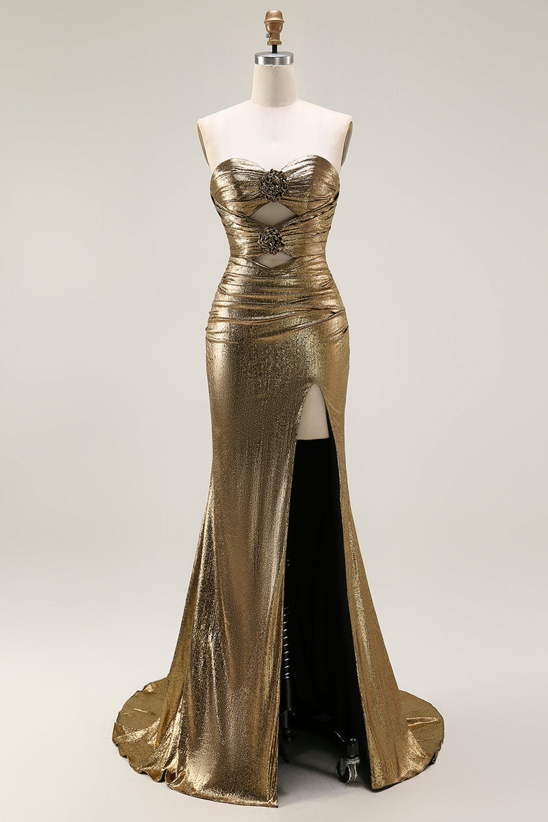 Load image into Gallery viewer, Sparkly Dark Golden Mermaid Strapless Long Prom Dress with Keyhole