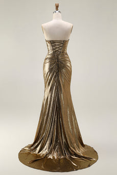 Sparkly Dark Golden Mermaid Strapless Long Prom Dress with Keyhole