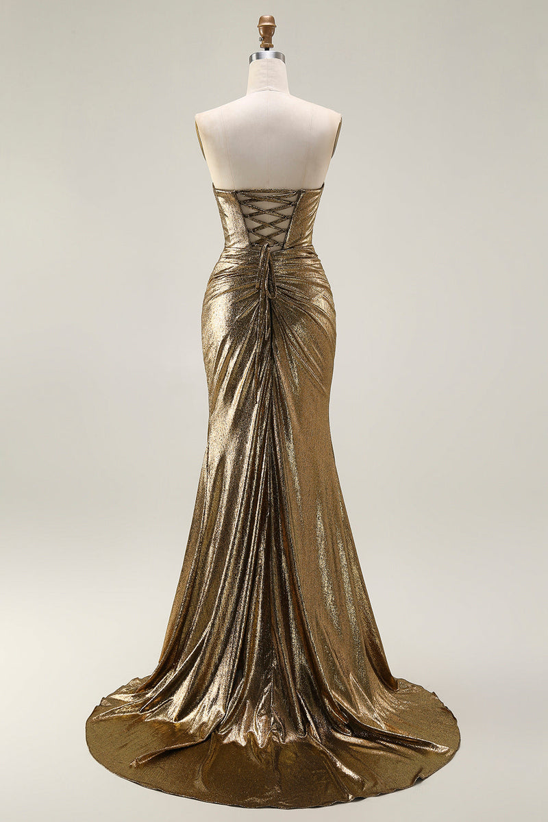 Load image into Gallery viewer, Sparkly Dark Golden Mermaid Strapless Long Prom Dress with Keyhole