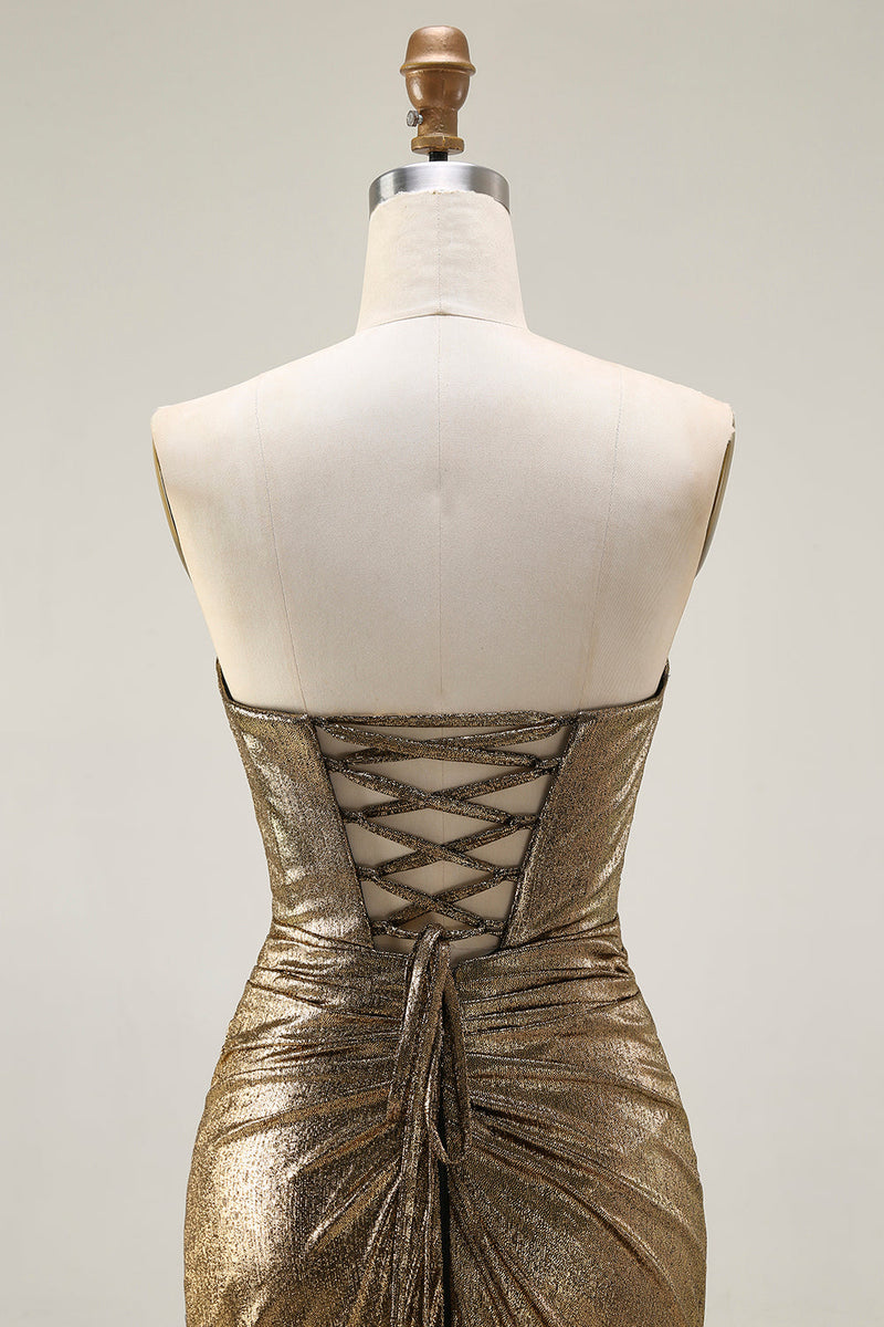 Load image into Gallery viewer, Sparkly Dark Golden Mermaid Strapless Long Prom Dress with Keyhole