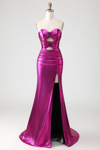 Fuchsia Metallic Mermaid Long Prom Dress with 3D Flowers