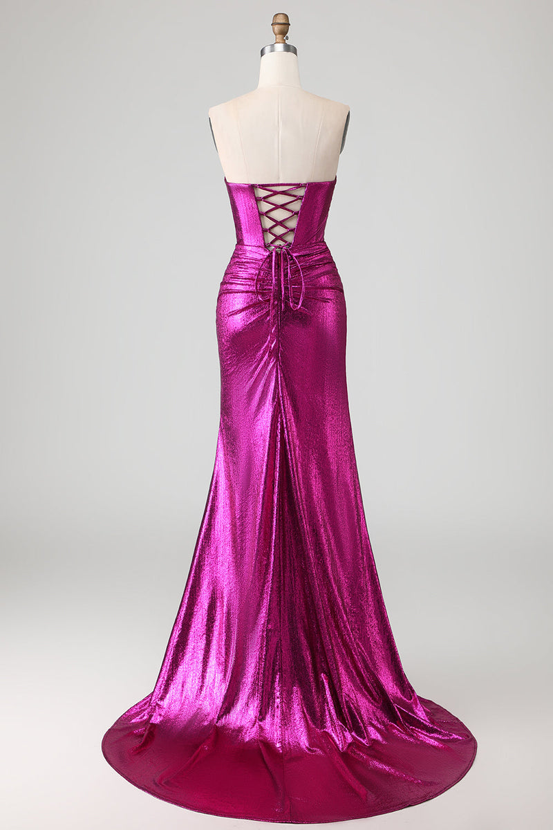 Load image into Gallery viewer, Fuchsia Metallic Mermaid Long Prom Dress with 3D Flowers