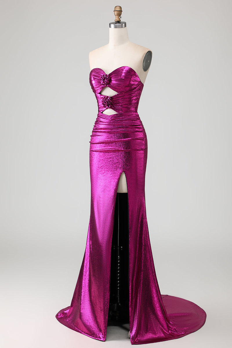 Load image into Gallery viewer, Fuchsia Metallic Mermaid Long Prom Dress with 3D Flowers