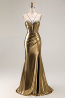 Load image into Gallery viewer, Sparkly Golden Mermaid Metallic Long Corset Prom Dress with Slit