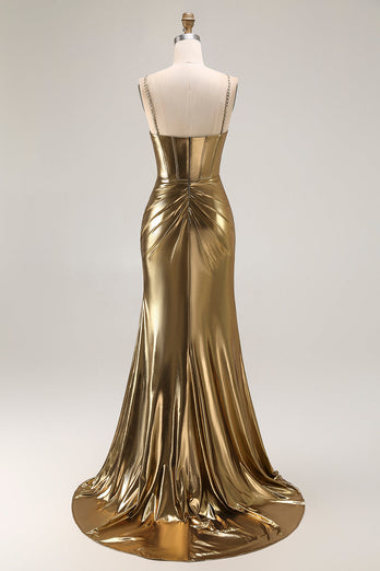 Sparkly Golden Mermaid Metallic Long Corset Prom Dress with Slit