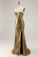 Load image into Gallery viewer, Sparkly Golden Mermaid Metallic Long Corset Prom Dress with Slit