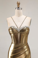 Load image into Gallery viewer, Sparkly Golden Mermaid Metallic Long Corset Prom Dress with Slit