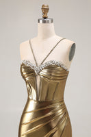 Load image into Gallery viewer, Sparkly Golden Mermaid Metallic Long Corset Prom Dress with Slit