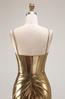 Load image into Gallery viewer, Sparkly Golden Mermaid Metallic Long Corset Prom Dress with Slit