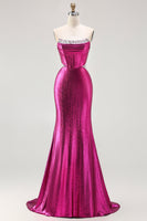 Load image into Gallery viewer, Sparkly Fuchsia Mermaid Corset Long Prom Dress with Beading
