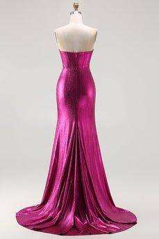 Sparkly Fuchsia Mermaid Corset Long Prom Dress with Beading