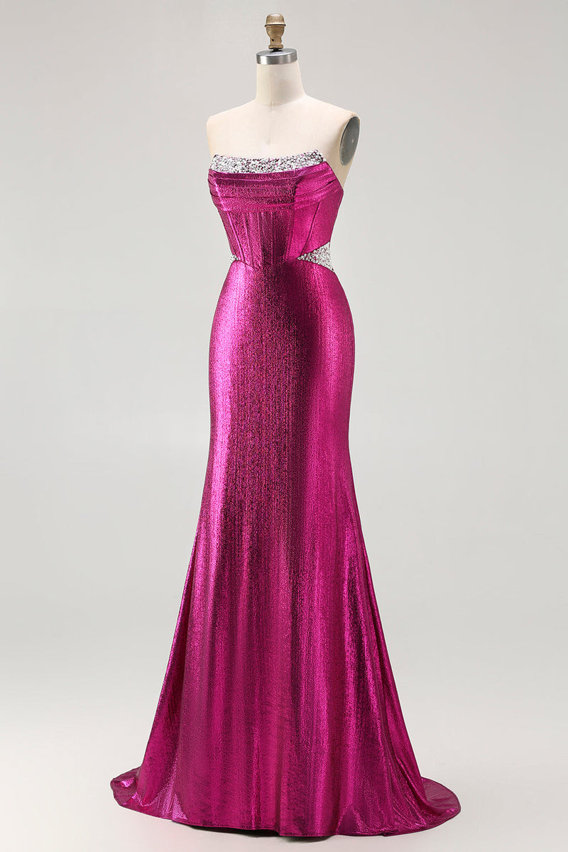 Load image into Gallery viewer, Sparkly Fuchsia Mermaid Corset Long Prom Dress with Beading