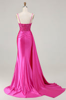 Load image into Gallery viewer, Sparkly Fuchsia Mermaid Spaghetti Straps Long Prom Dress with Slit