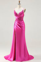 Load image into Gallery viewer, Sparkly Fuchsia Mermaid Spaghetti Straps Long Prom Dress with Slit