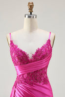 Load image into Gallery viewer, Sparkly Fuchsia Mermaid Spaghetti Straps Long Prom Dress with Slit