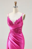 Load image into Gallery viewer, Sparkly Fuchsia Mermaid Spaghetti Straps Long Prom Dress with Slit