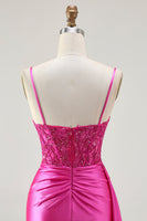 Load image into Gallery viewer, Sparkly Fuchsia Mermaid Spaghetti Straps Long Prom Dress with Slit