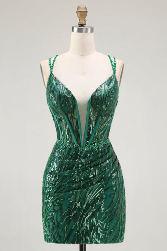 Sparkly Dark Green Tight Sequins Ruched Short Corset Homcoming Dress