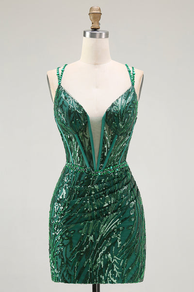 Sparkly Dark Green Tight Sequins Ruched Short Corset Homcoming Dress