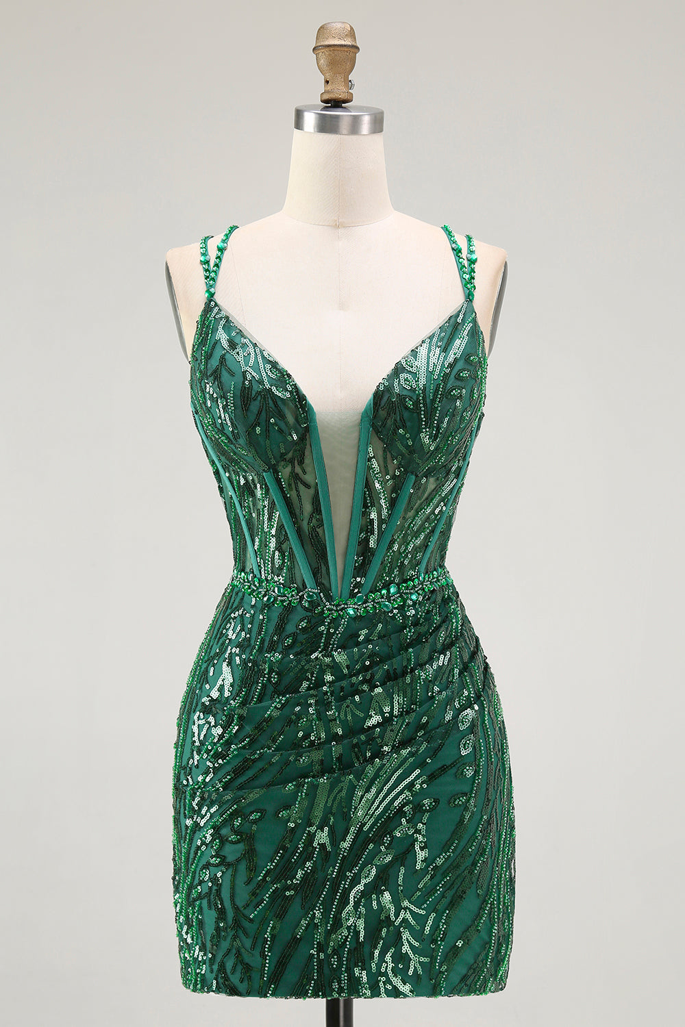 Sparkly Dark Green Tight Sequins Ruched Short Corset Homcoming Dress