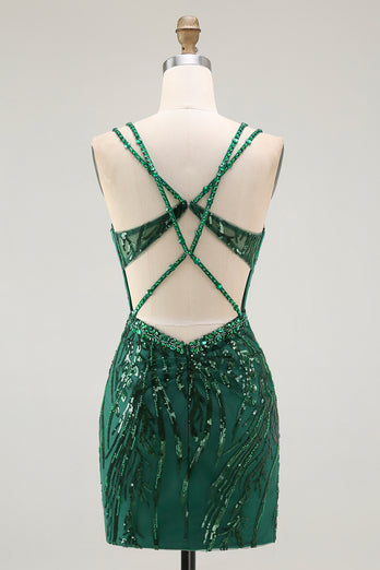 Sparkly Dark Green Tight Sequins Ruched Short Corset Homcoming Dress