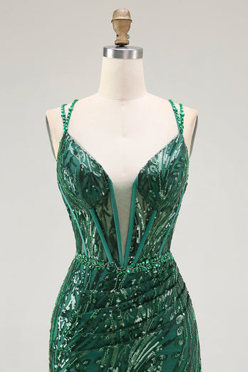 Sparkly Dark Green Tight Sequins Ruched Short Corset Homcoming Dress